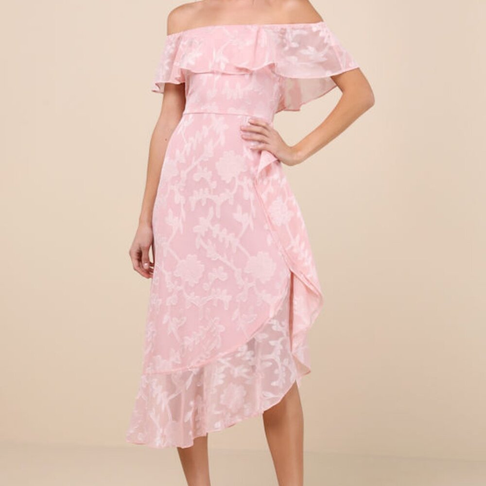 Lulus Pretty Perfect Blush Burnout Floral Off-the-shoulder Midi Dress Pink